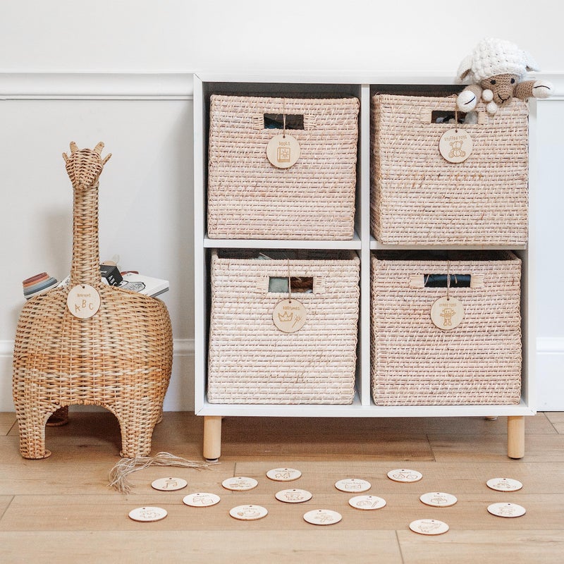 The Boho Design Wood Toy Storage Labels Natural Jute String. 20 Unique Designs of Wooden Tags for Woven Basket. Home Organization Playroom, Bedroom Decor. Illustration by Artist @vieli_arte (Wood + Jute String) - Image 1